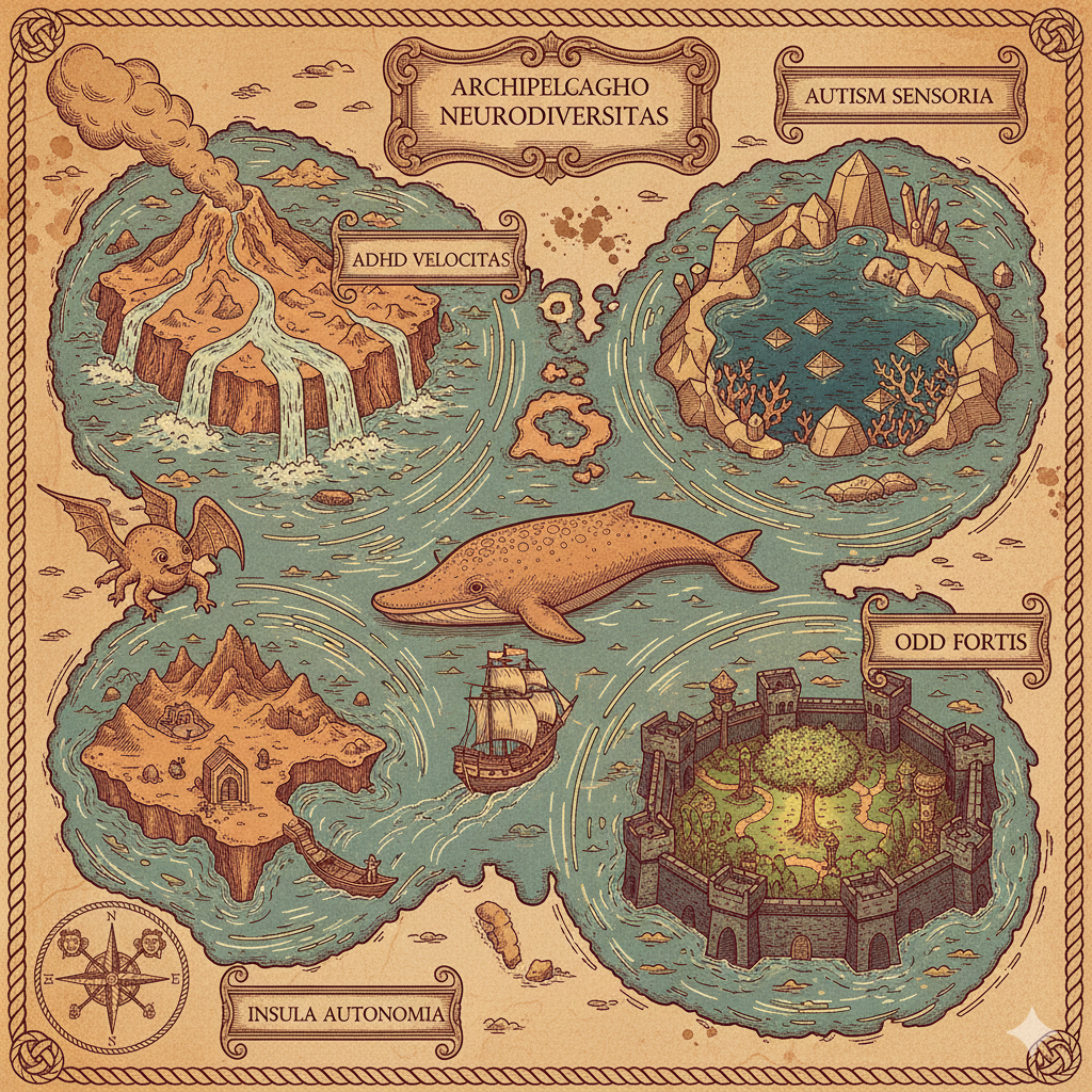 A captain's quarters table with an unrolled sea chart showing islands and sea creatures, surrounded by provisions and a ship's wheel