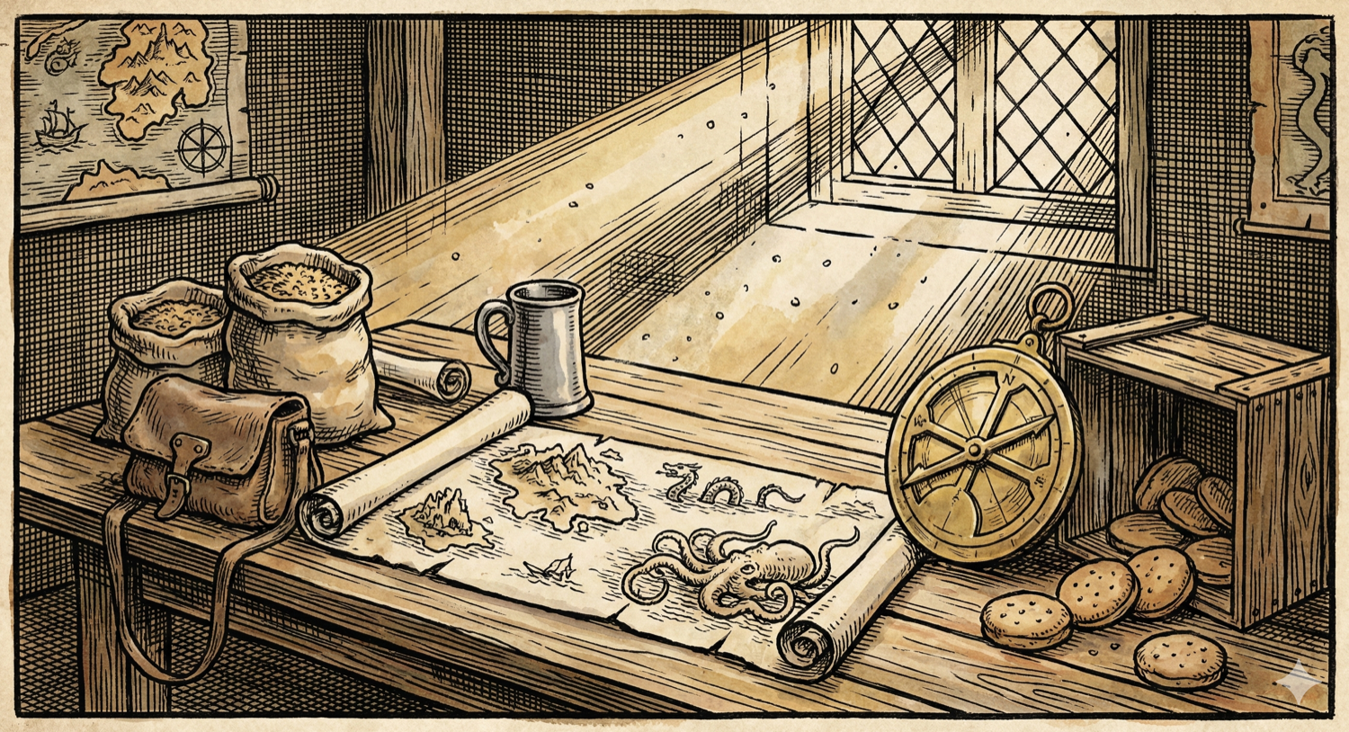 A captain's quarters table with an unrolled sea chart showing islands and sea creatures, surrounded by provisions and a ship's wheel