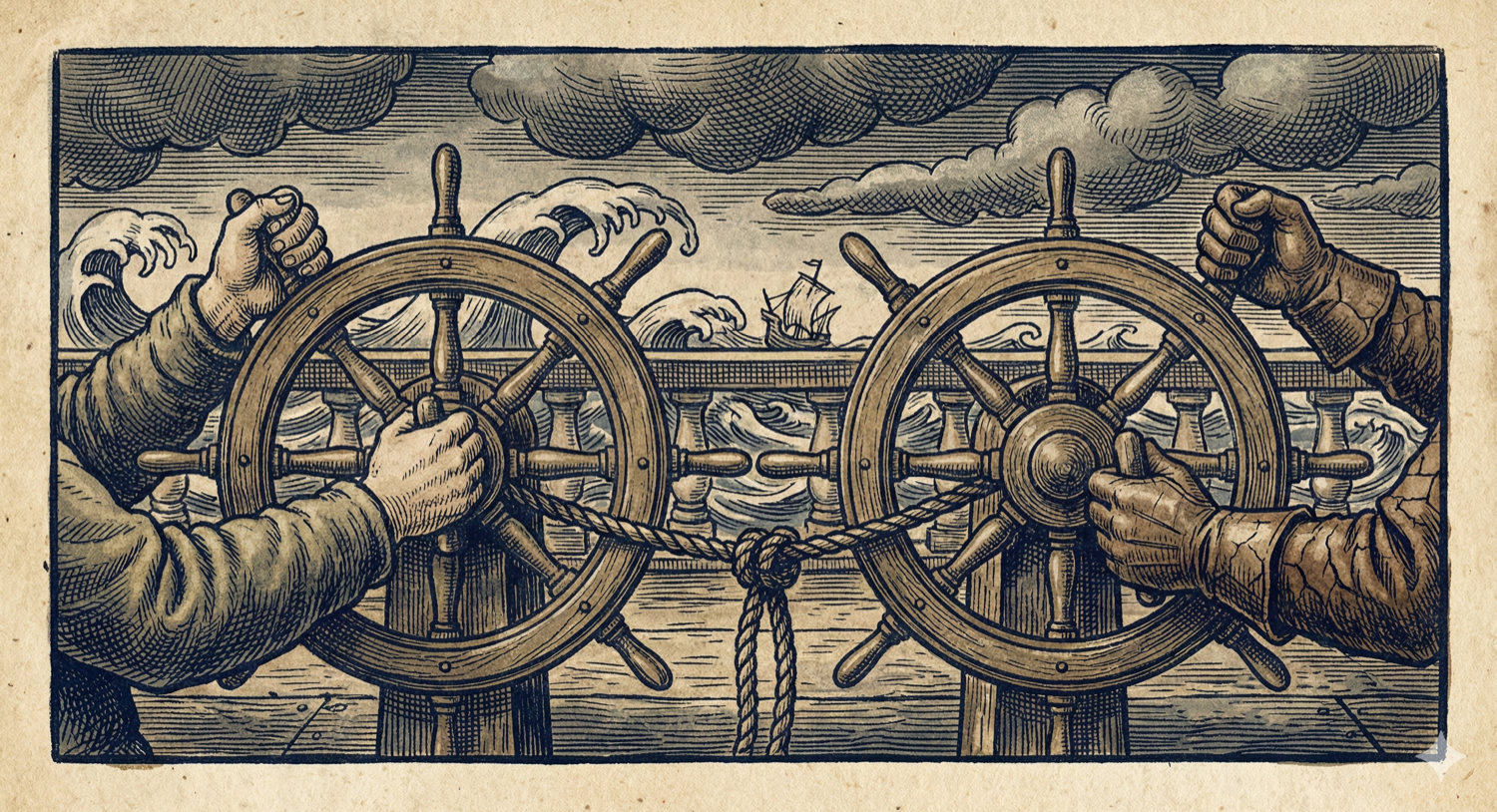 Two ship's wheels side by side on a spray-soaked deck, hands gripping each helm, connected by a thick nautical rope knot