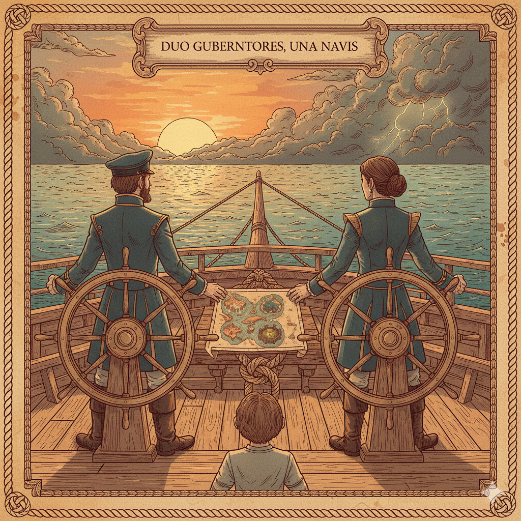 Two ship's wheels side by side on a spray-soaked deck, hands gripping each helm, connected by a thick nautical rope knot