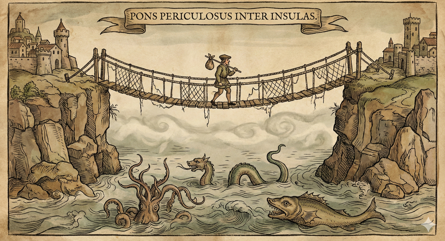 A traveler crossing a rope bridge between two cliff-top settlements, with sea monsters lurking in the waters below - titled 