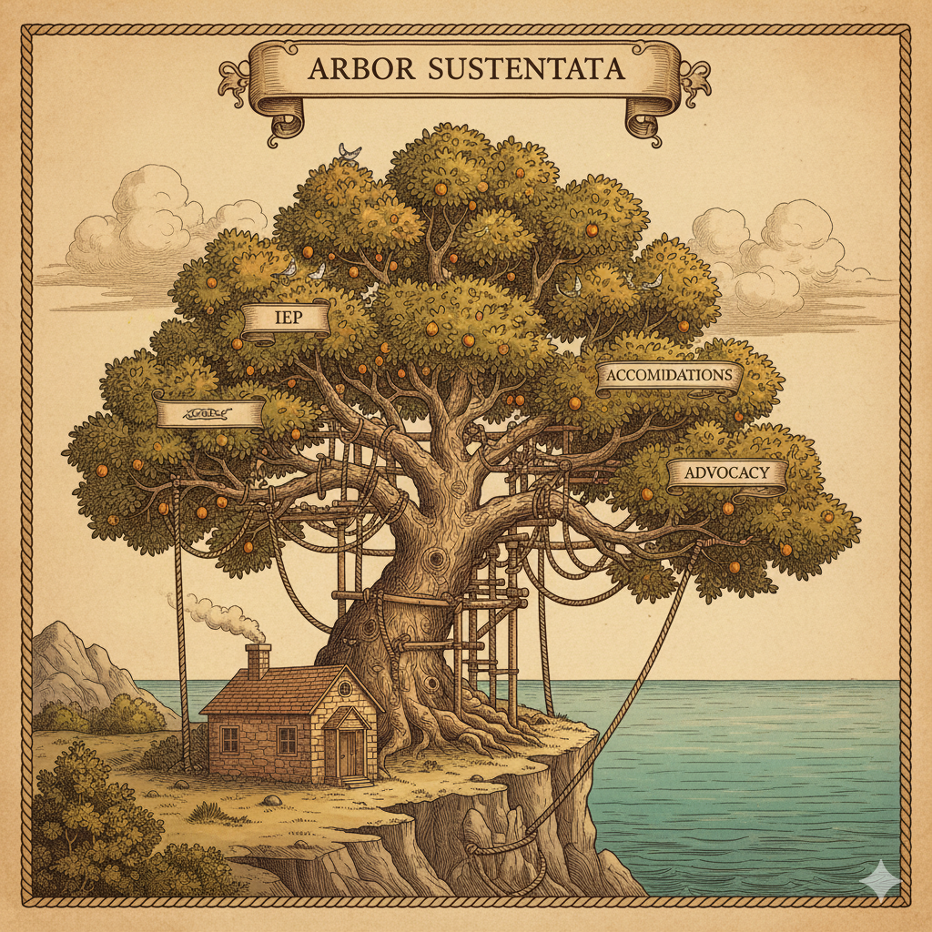 A mature tree supported by an intricate system of wooden scaffolding and guide wires, titled "Arbor Sustentata"