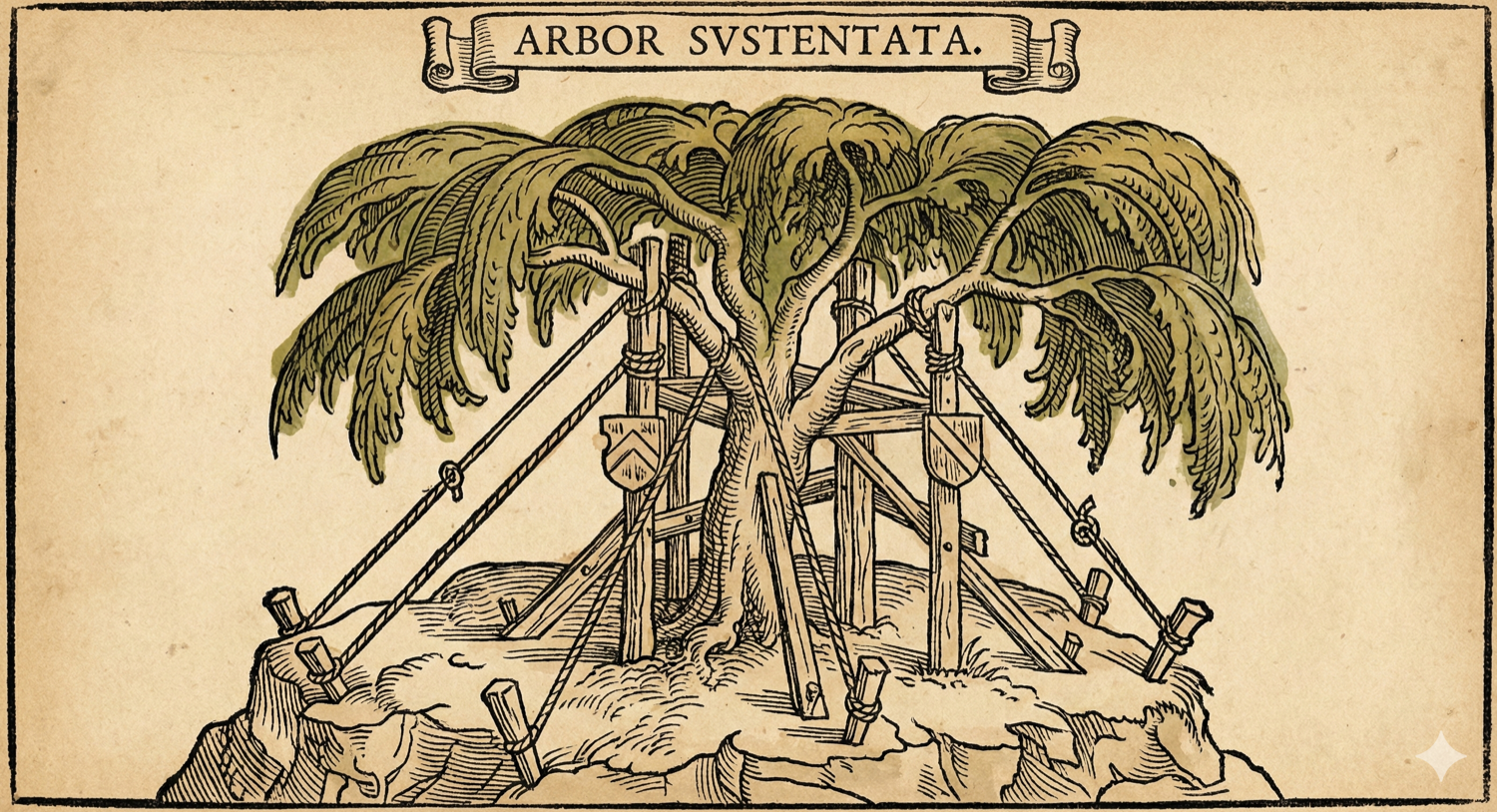 A mature tree supported by an intricate system of wooden scaffolding and guide wires, titled 