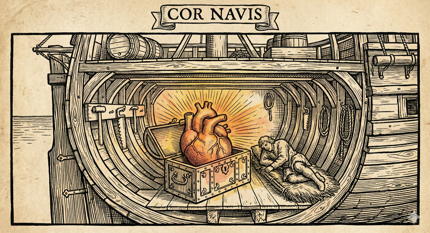 A cutaway of a ship's hull showing an anatomical heart glowing on a treasure chest, with a sailor resting nearby - titled 