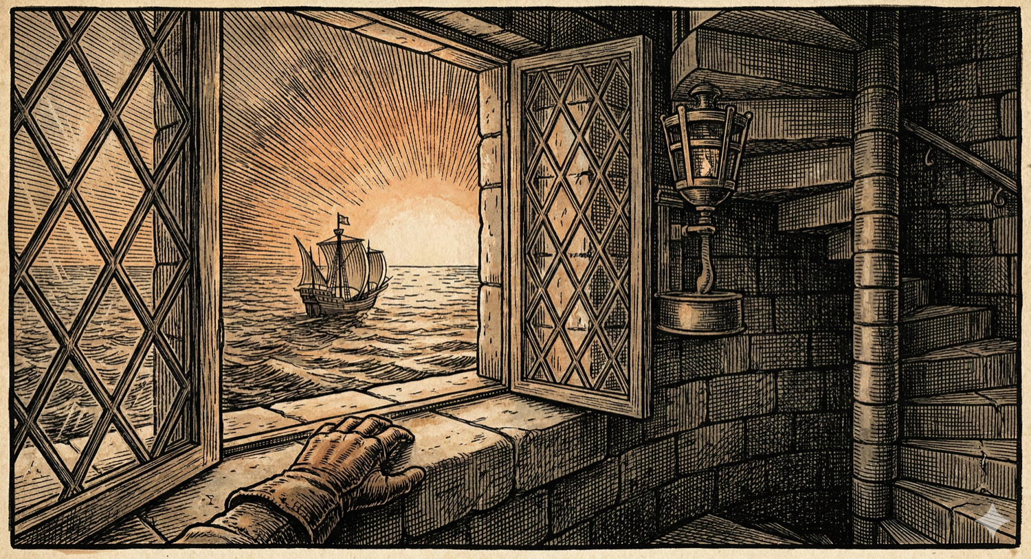 A view from inside a cabin through an open latticed window, showing a ship sailing toward a radiant sunrise on calm waters
